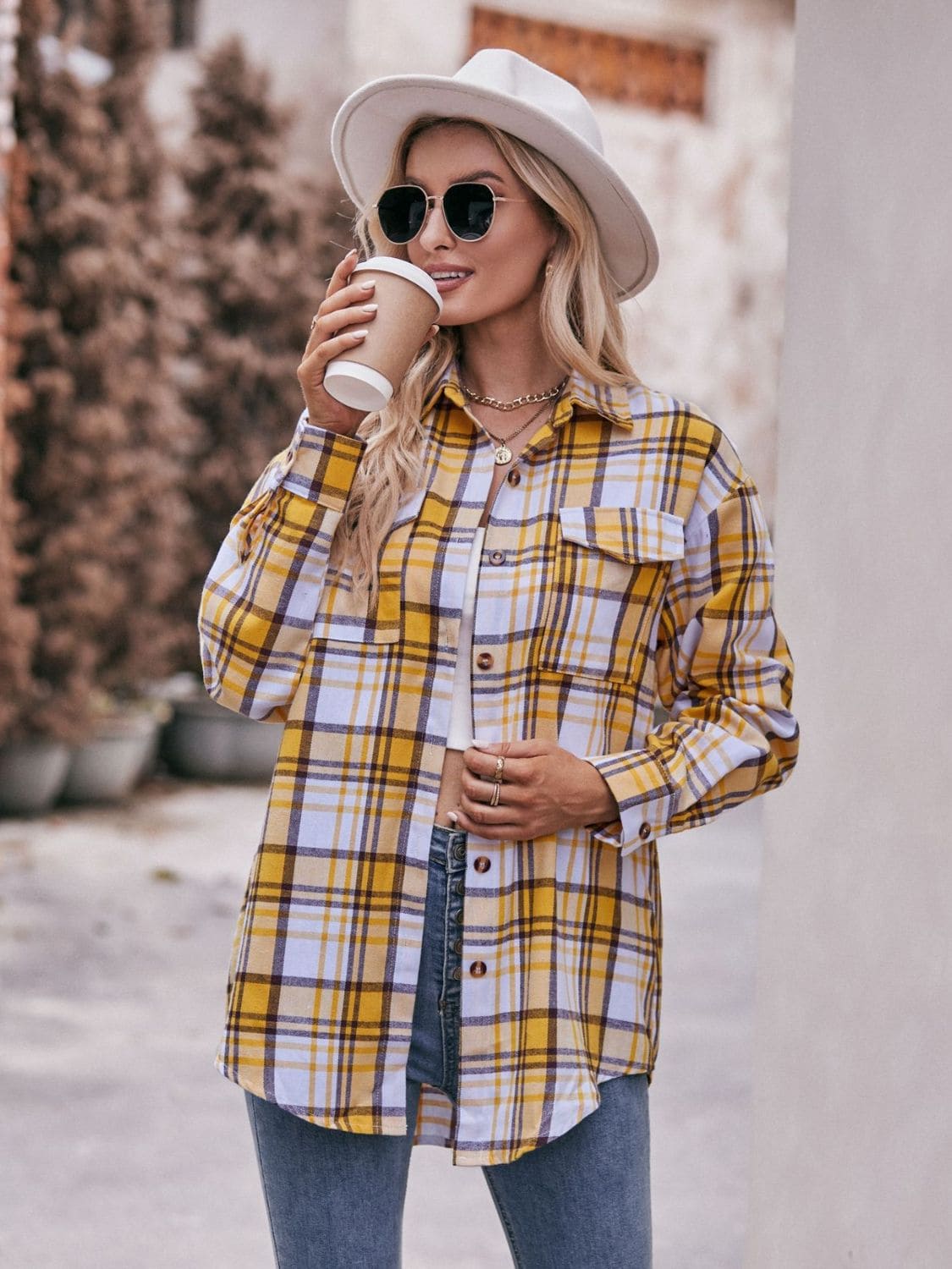 Plaid Dropped Shoulder Longline Shirt Mustard S by Trendsi | Fleurcouture