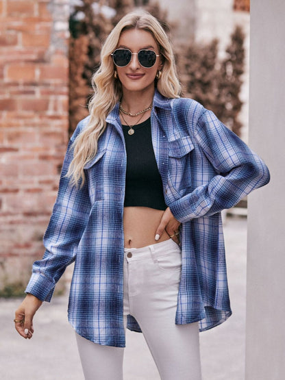 Plaid Dropped Shoulder Longline Shirt Navy White S by Trendsi | Fleurcouture