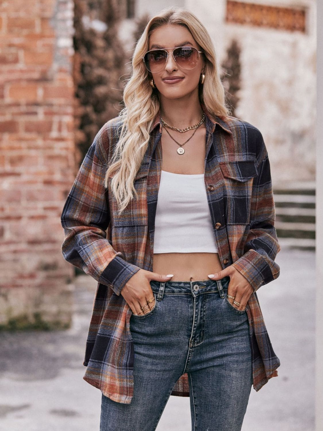 Plaid Dropped Shoulder Longline Shirt by Trendsi | Fleurcouture