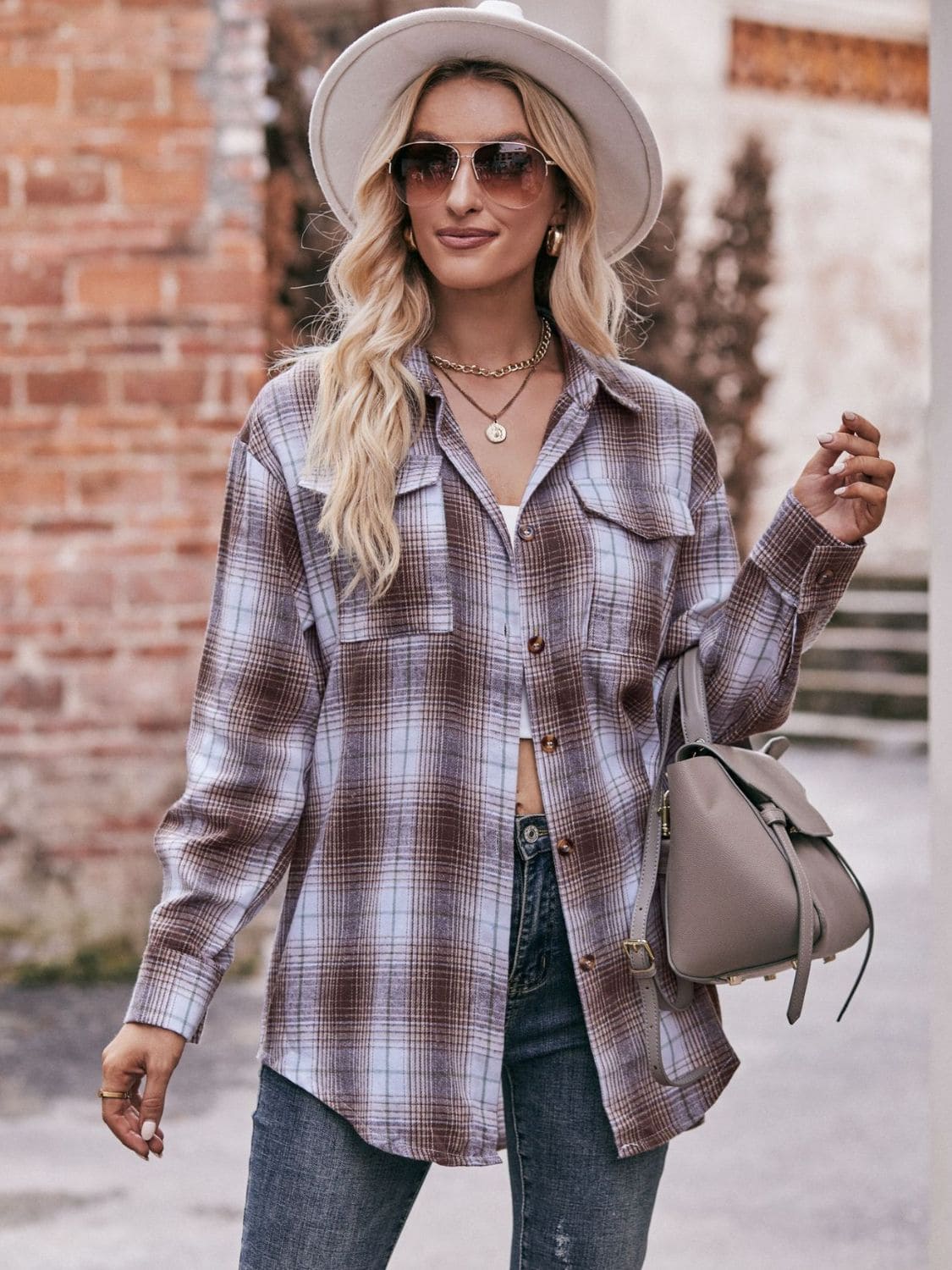 Plaid Dropped Shoulder Longline Shirt by Trendsi | Fleurcouture