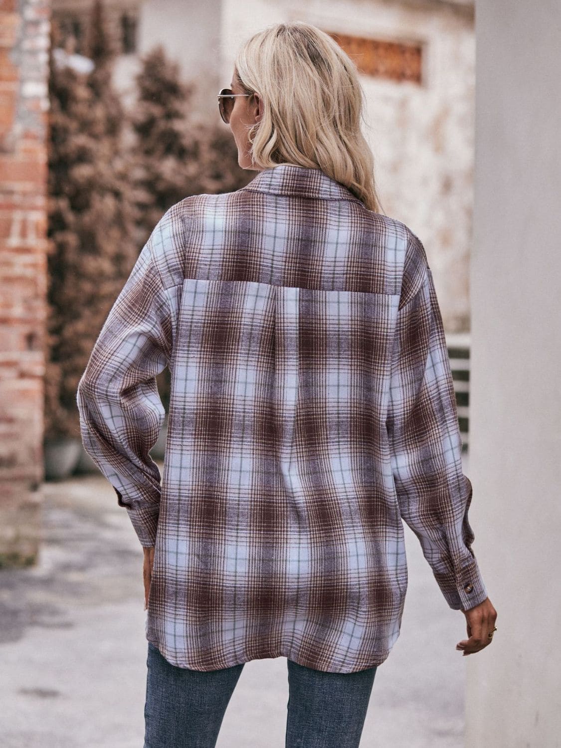 Plaid Dropped Shoulder Longline Shirt by Trendsi | Fleurcouture