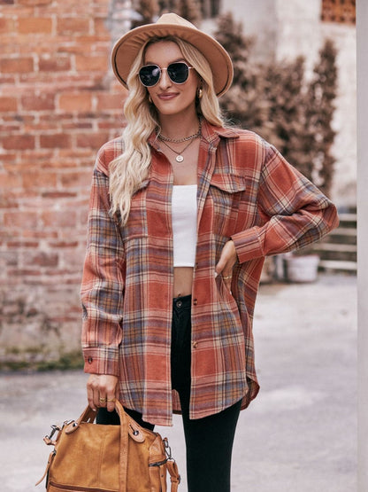 Plaid Dropped Shoulder Longline Shirt by Trendsi | Fleurcouture