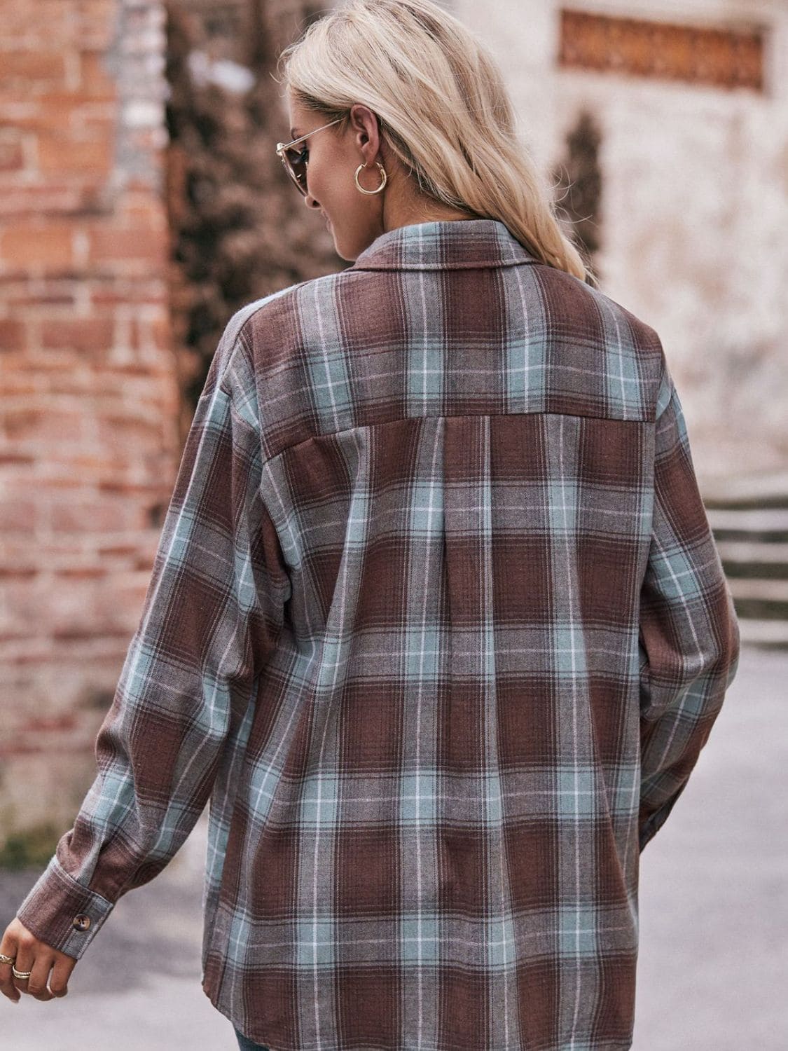 Plaid Dropped Shoulder Longline Shirt by Trendsi | Fleurcouture