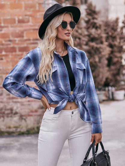 Plaid Dropped Shoulder Longline Shirt by Trendsi | Fleurcouture