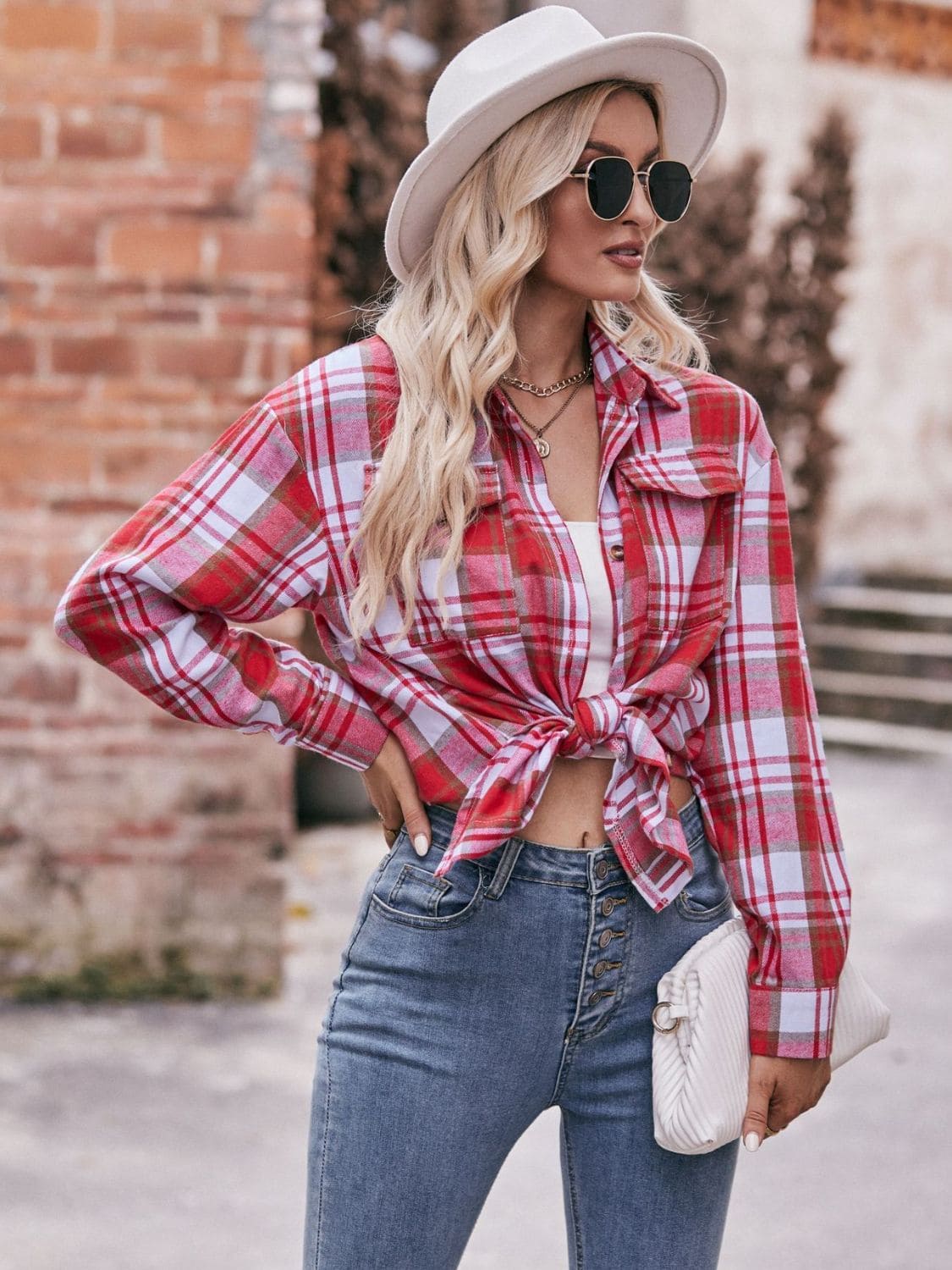 Plaid Dropped Shoulder Longline Shirt by Trendsi | Fleurcouture