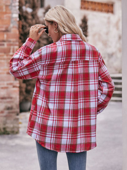 Plaid Dropped Shoulder Longline Shirt by Trendsi | Fleurcouture