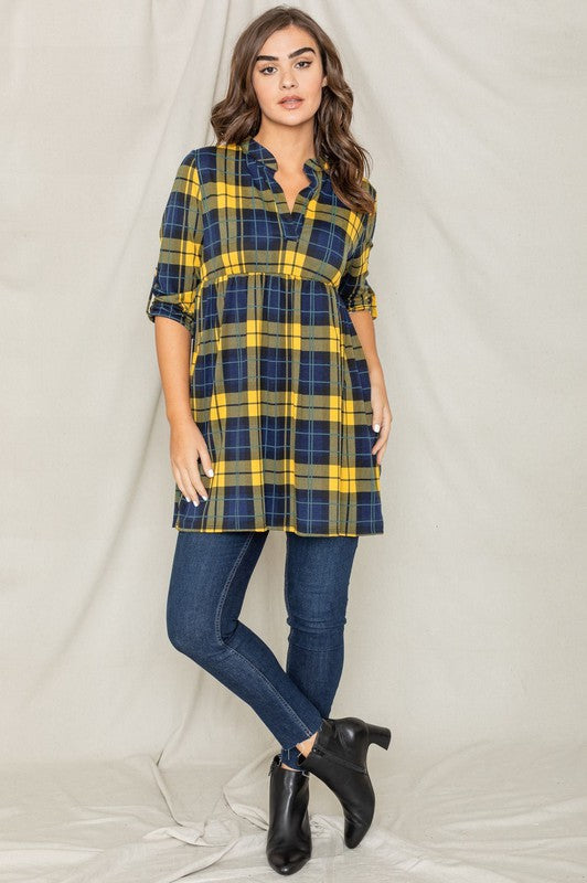 Plaid Empire Waist Tab Sleeve Tunic Yellow by EG fashion | Fleurcouture