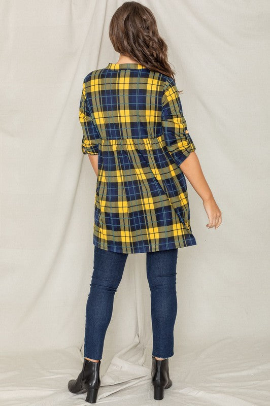 Plaid Empire Waist Tab Sleeve Tunic Yellow by EG fashion | Fleurcouture