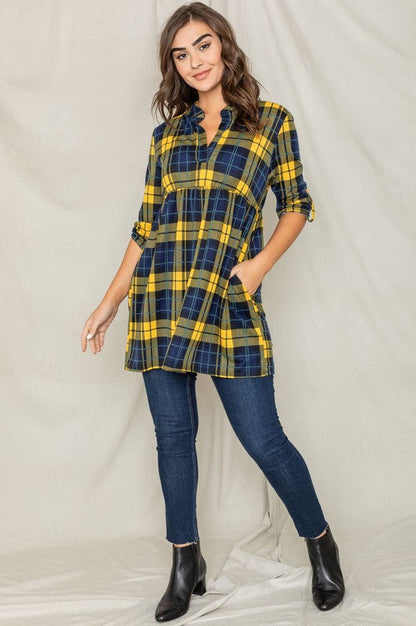 Plaid Empire Waist Tab Sleeve Tunic Yellow by EG fashion | Fleurcouture