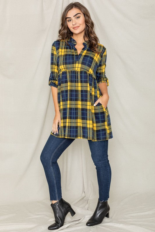 Plaid Empire Waist Tab Sleeve Tunic Yellow by EG fashion | Fleurcouture