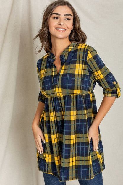 Plaid Empire Waist Tab Sleeve Tunic Yellow S by EG fashion | Fleurcouture