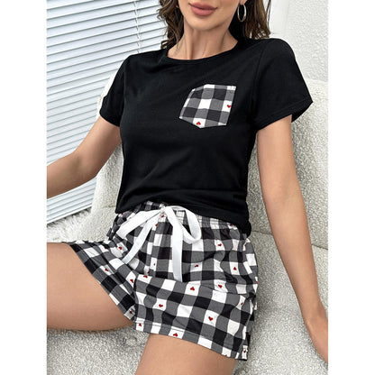 Plaid Heart Top and Shorts Lounge Set Black Loungewear by Trendsi | Fleurcouture