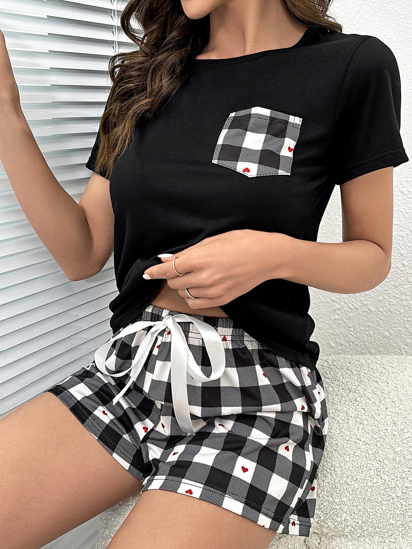 Plaid Heart Top and Shorts Lounge Set Black Loungewear by Trendsi | Fleurcouture