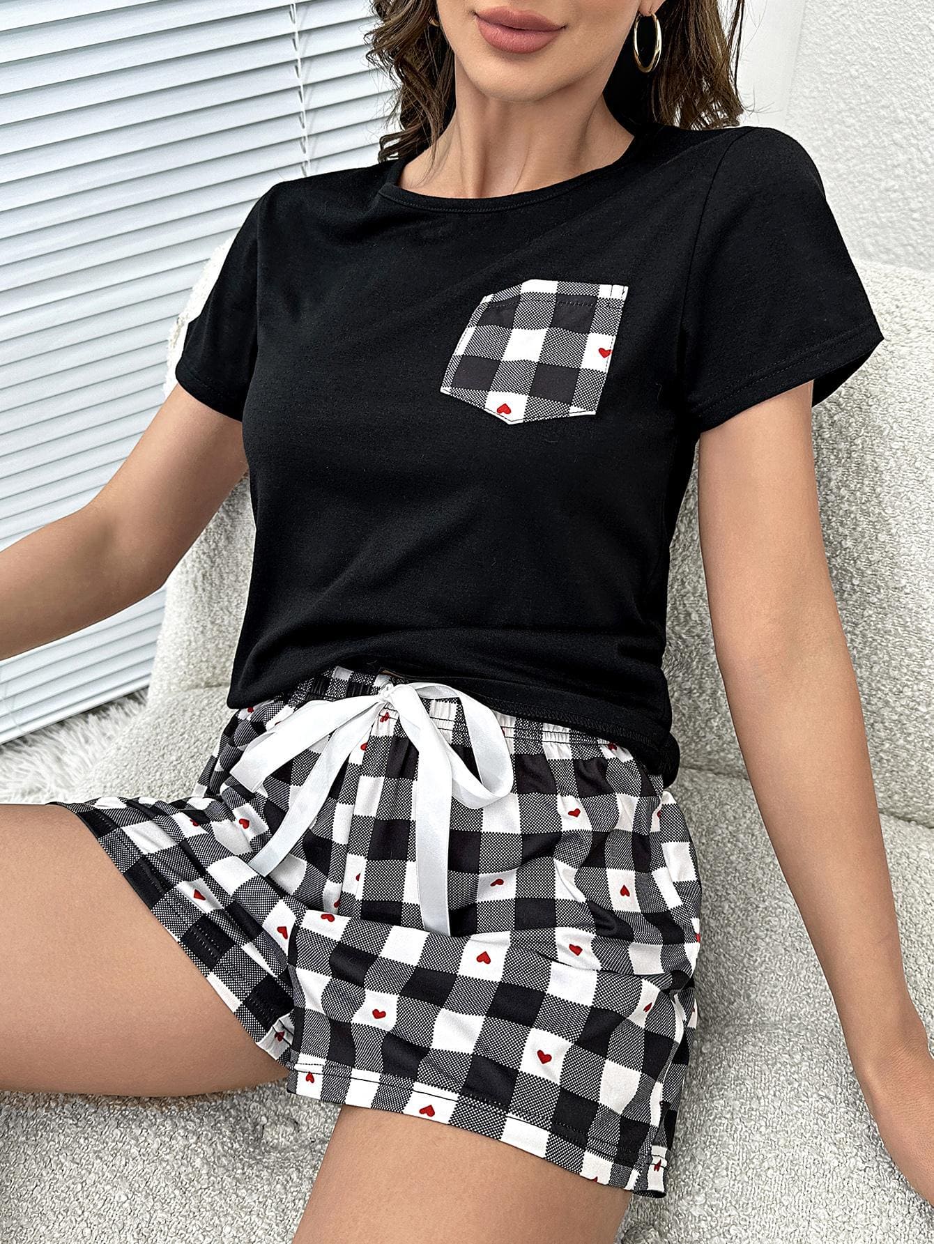 Plaid Heart Top and Shorts Lounge Set Black Loungewear by Trendsi | Fleurcouture