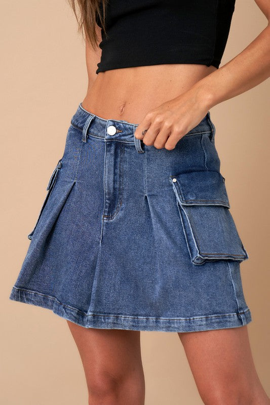 PLEATED CARGO DENIM MINI SKIRT DARK by Insane Gene | Fleurcouture