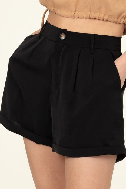 Pleated Cuff Hem Shorts BLACK M by HYFVE | Fleurcouture