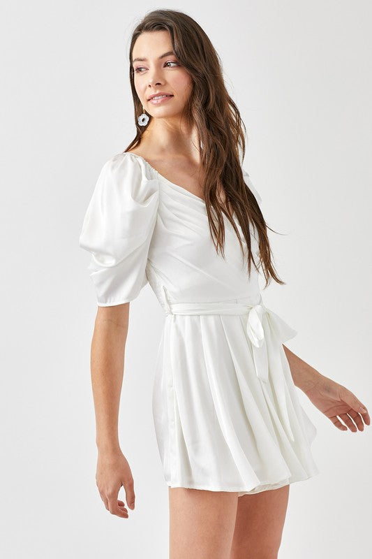 Pleated Puff Sleeve Overwrap Romper OFF WHITE by Mustard Seed | Fleurcouture