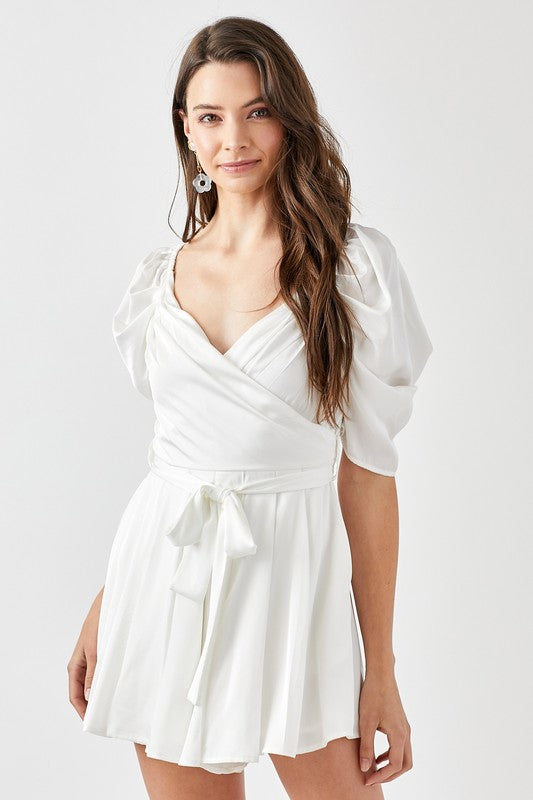 Pleated Puff Sleeve Overwrap Romper OFF WHITE S by Mustard Seed | Fleurcouture