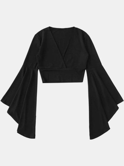 Plunge Flare Sleeve Cropped Top Black Tops by Trendsi | Fleurcouture