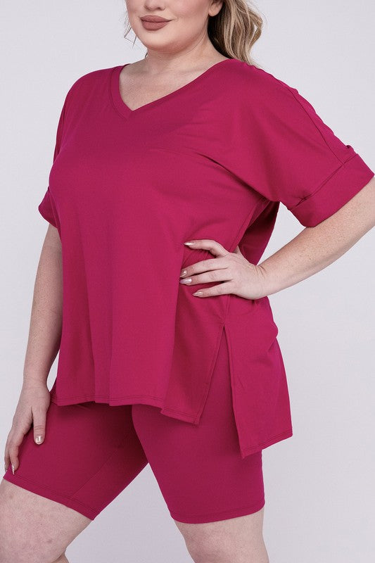 PLUS BRUSHED DTY MICROFIBER V-NECK TOP &amp; BIKER MAGENTA 1X by ZENANA | Fleurcouture