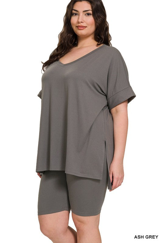 PLUS BRUSHED DTY MICROFIBER V-NECK TOP &amp; BIKER by ZENANA | Fleurcouture