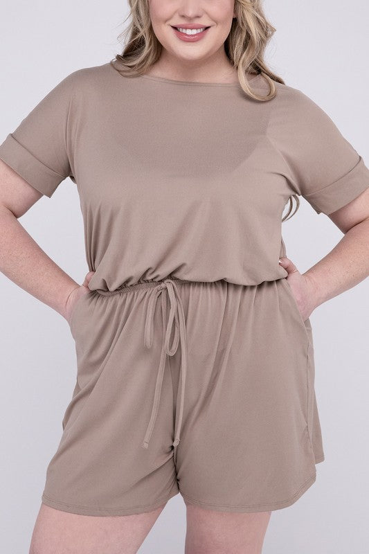 Plus Brushed DTY Romper with Pockets ASH MOCHA 1X by ZENANA | Fleurcouture