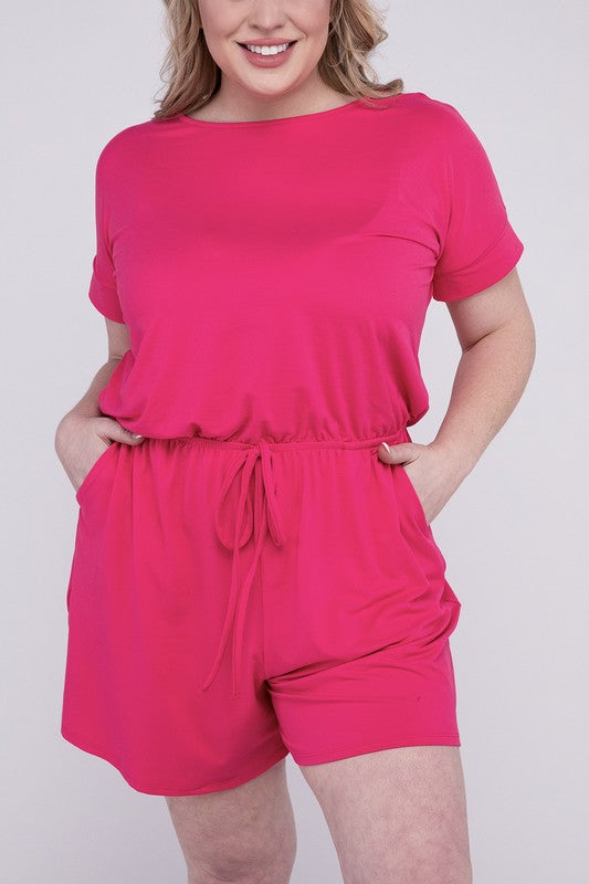 Plus Brushed DTY Romper with Pockets FUCHSIA 1X by ZENANA | Fleurcouture