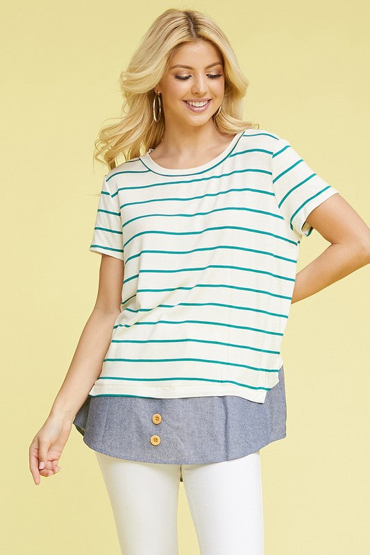 plus button stripe chambray layered tunic Green S by EG fashion | Fleurcouture