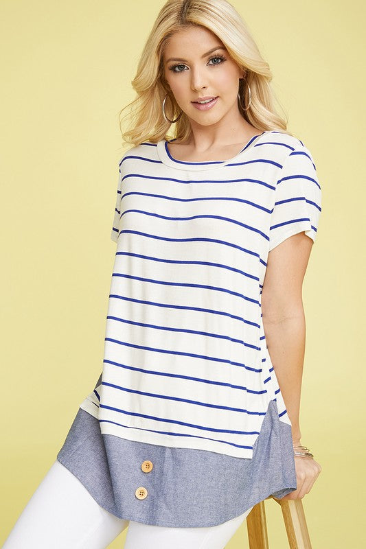 plus button stripe chambray layered tunic Navy S by EG fashion | Fleurcouture