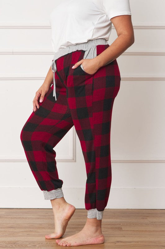 Plus Checkered Print Drawstring Jogger Red by EG fashion | Fleurcouture