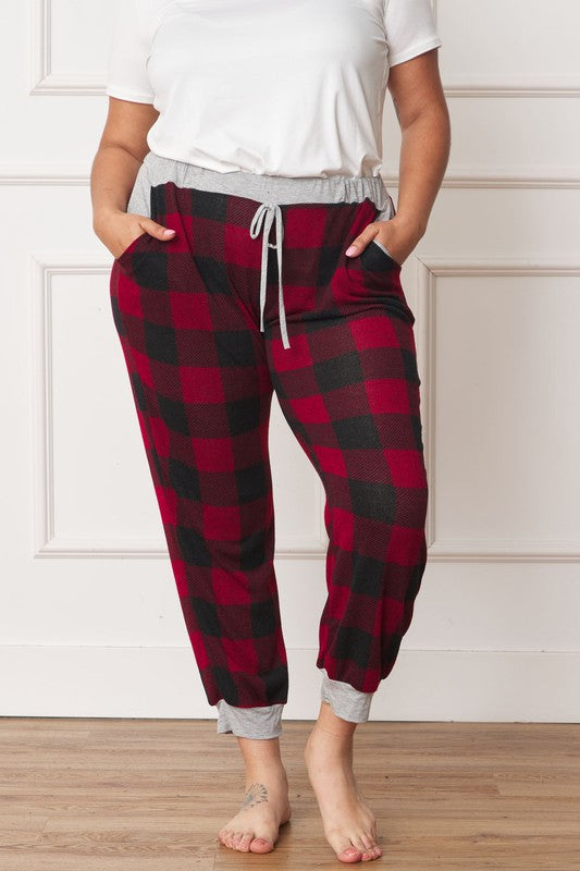 Plus Checkered Print Drawstring Jogger Red by EG fashion | Fleurcouture