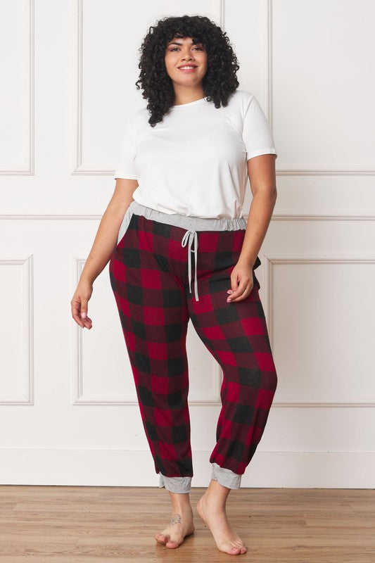 Plus Checkered Print Drawstring Jogger Red by EG fashion | Fleurcouture