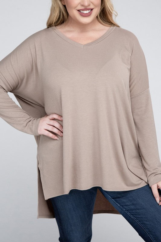 Plus Dolman Sleeve V-Neck Side Slit Hi-Low Hem Top ASH MOCHA 1X by ZENANA | Fleurcouture