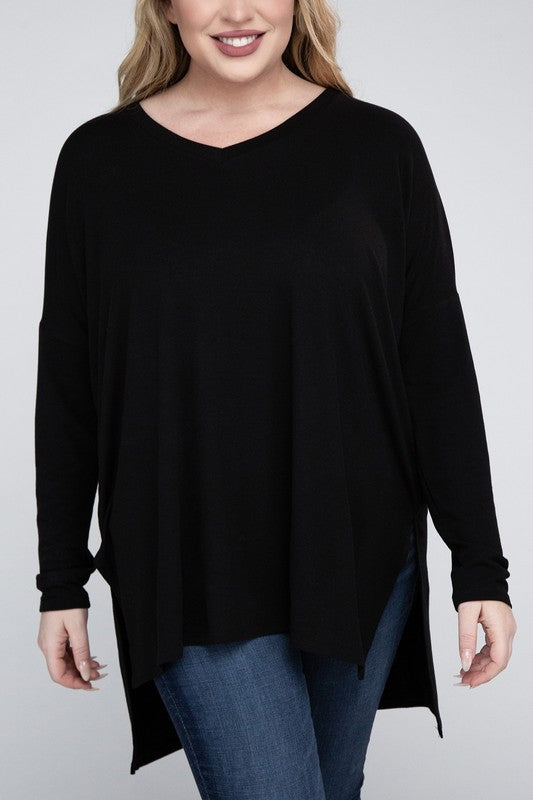 Plus Dolman Sleeve V-Neck Side Slit Hi-Low Hem Top BLACK 1X by ZENANA | Fleurcouture