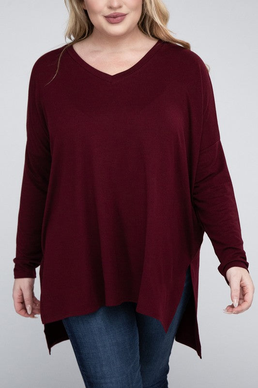 Plus Dolman Sleeve V-Neck Side Slit Hi-Low Hem Top DK BURGUNDY 1X by ZENANA | Fleurcouture