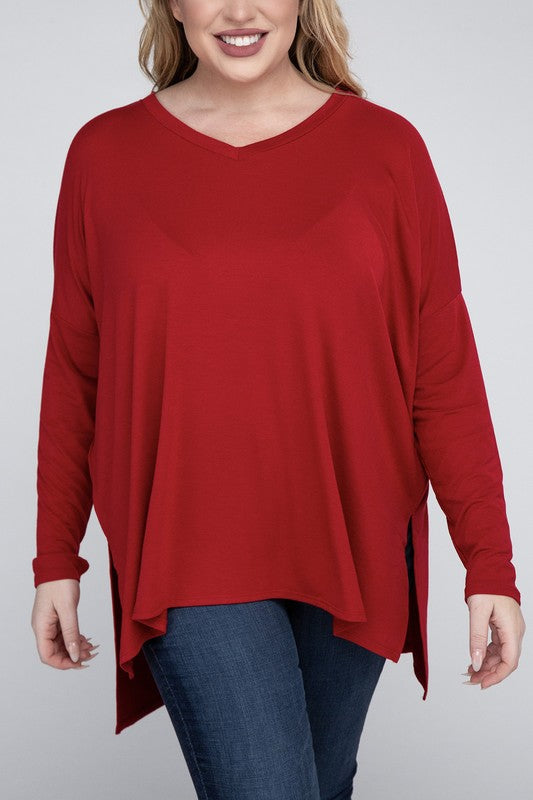 Plus Dolman Sleeve V-Neck Side Slit Hi-Low Hem Top DK RED 1X by ZENANA | Fleurcouture