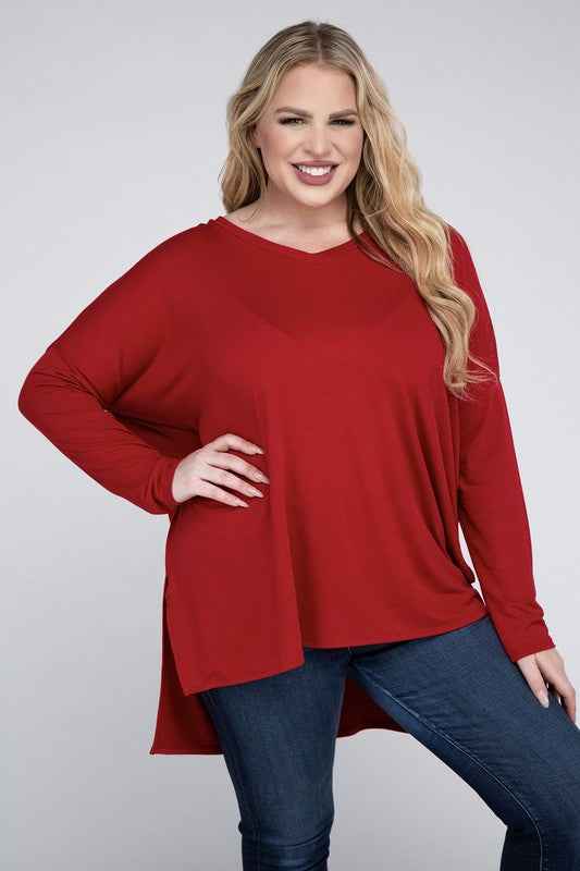 Plus Dolman Sleeve V-Neck Side Slit Hi-Low Hem Top by ZENANA | Fleurcouture