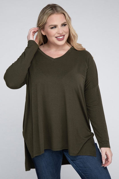 Plus Dolman Sleeve V-Neck Side Slit Hi-Low Hem Top by ZENANA | Fleurcouture