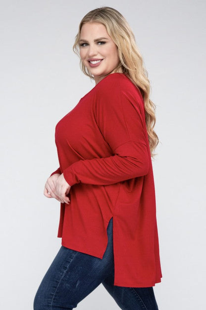 Plus Dolman Sleeve V-Neck Side Slit Hi-Low Hem Top by ZENANA | Fleurcouture