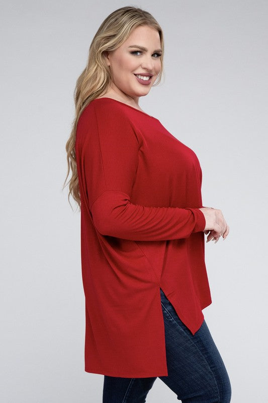 Plus Dolman Sleeve V-Neck Side Slit Hi-Low Hem Top by ZENANA | Fleurcouture