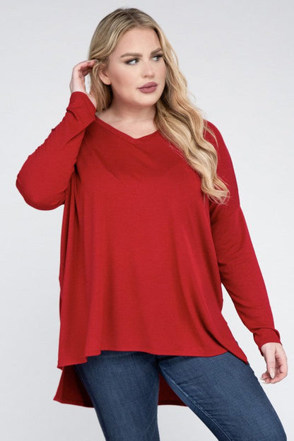 Plus Dolman Sleeve V-Neck Side Slit Hi-Low Hem Top by ZENANA | Fleurcouture