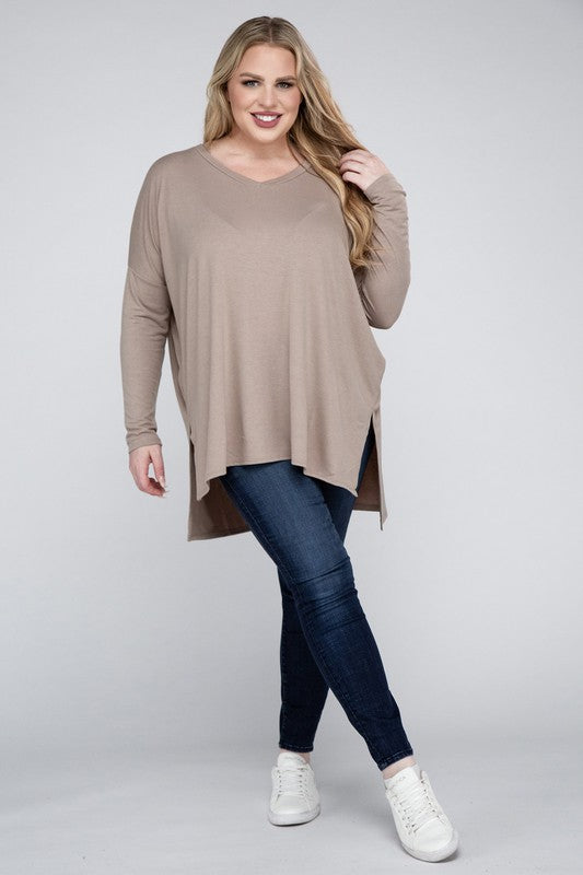 Plus Dolman Sleeve V-Neck Side Slit Hi-Low Hem Top by ZENANA | Fleurcouture