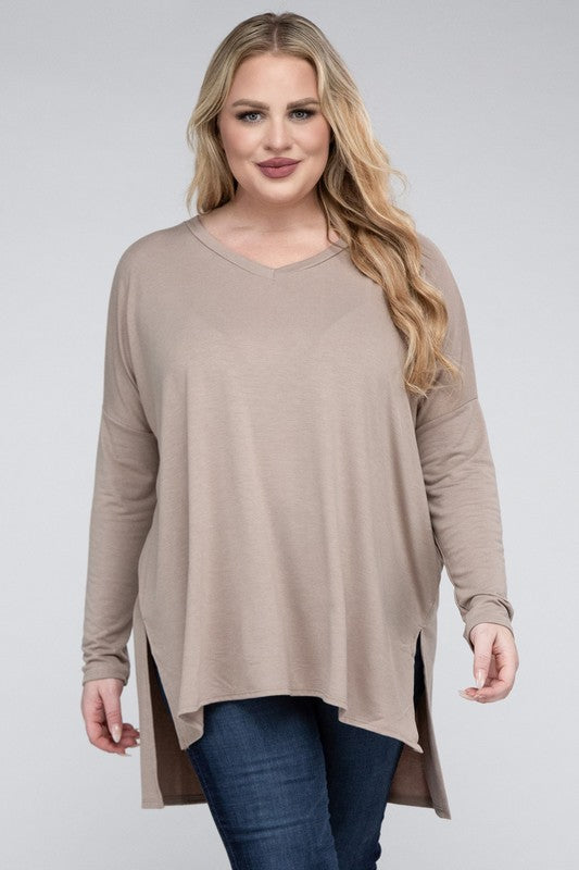 Plus Dolman Sleeve V-Neck Side Slit Hi-Low Hem Top by ZENANA | Fleurcouture