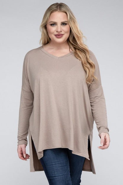 Plus Dolman Sleeve V-Neck Side Slit Hi-Low Hem Top by ZENANA | Fleurcouture