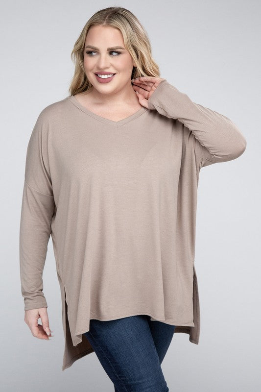 Plus Dolman Sleeve V-Neck Side Slit Hi-Low Hem Top by ZENANA | Fleurcouture