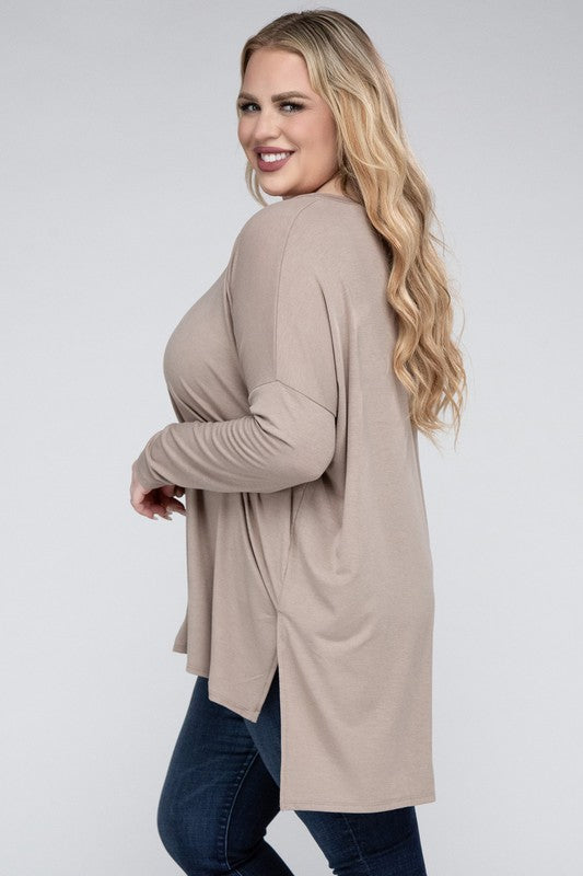 Plus Dolman Sleeve V-Neck Side Slit Hi-Low Hem Top by ZENANA | Fleurcouture