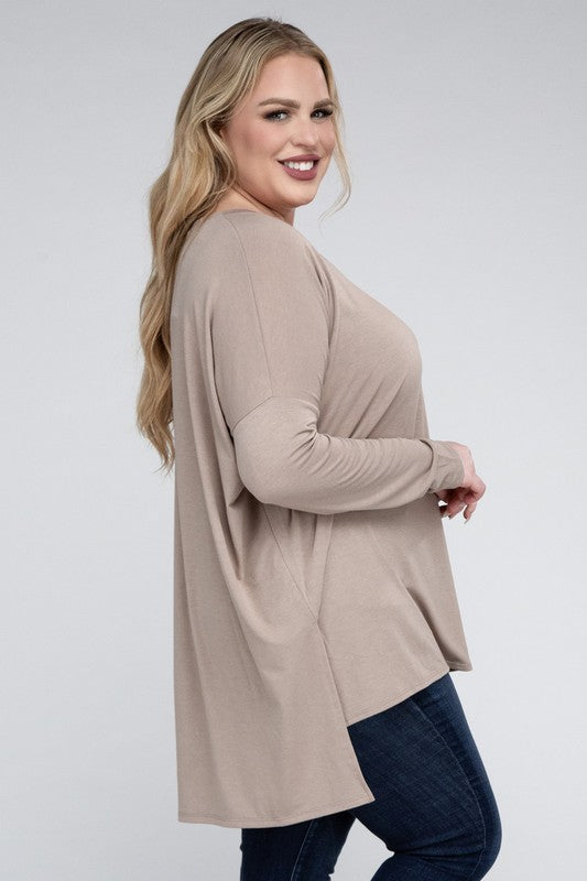 Plus Dolman Sleeve V-Neck Side Slit Hi-Low Hem Top by ZENANA | Fleurcouture