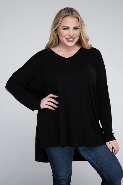 Plus Dolman Sleeve V-Neck Side Slit Hi-Low Hem Top by ZENANA | Fleurcouture