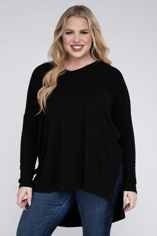 Plus Dolman Sleeve V-Neck Side Slit Hi-Low Hem Top by ZENANA | Fleurcouture