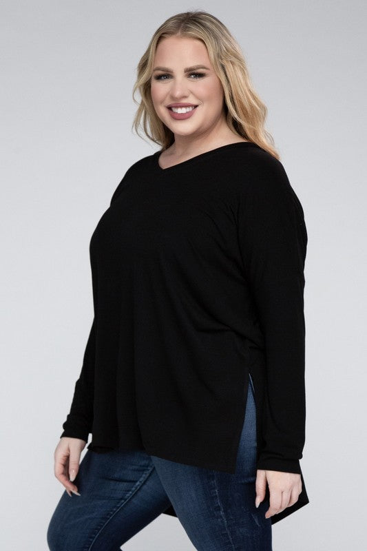 Plus Dolman Sleeve V-Neck Side Slit Hi-Low Hem Top by ZENANA | Fleurcouture